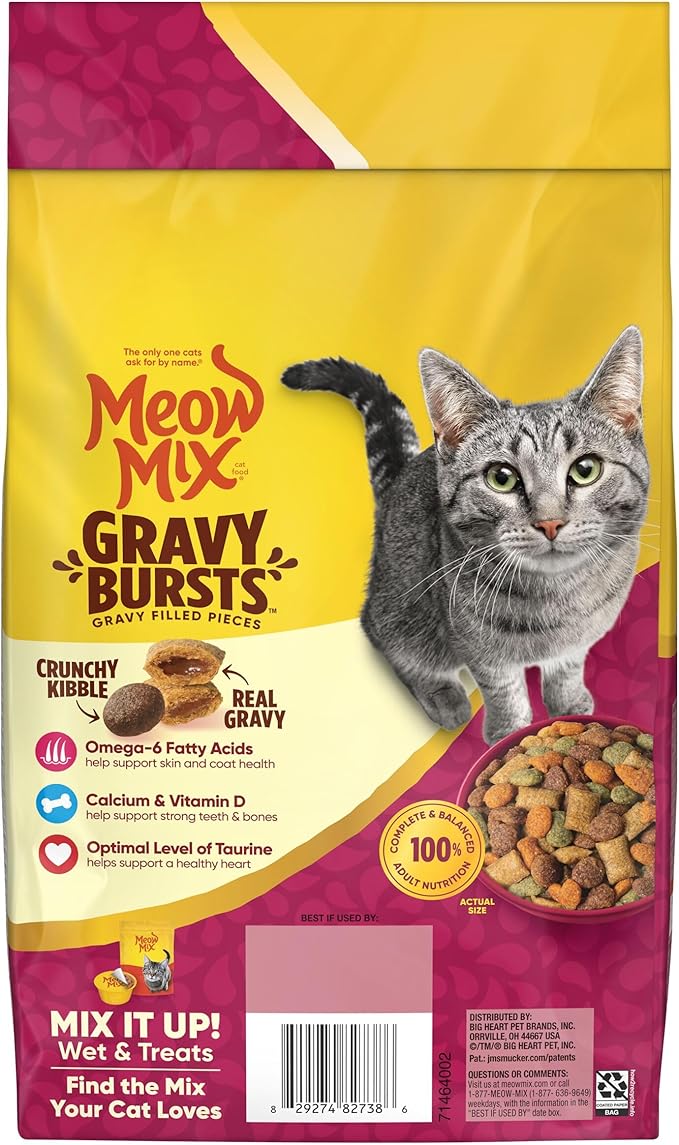 Meow Mix Gravy Bursts, Savory Chicken Flavor Mix, Gravy Filled Dry Cat Food, 3 lb. Bag