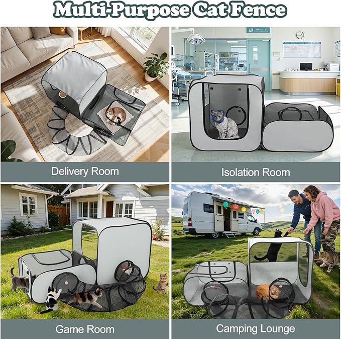 Cat Playpen, 3-in-1 Pop-up Outdoor Cat Enclosure with 2 Rooms 1 Tunnel, Breathable Pet Playpen for Indoor Outdoor Use, Portable Catio Tent with Carry Bag for Kitten Rabbit Small Animals, Gray