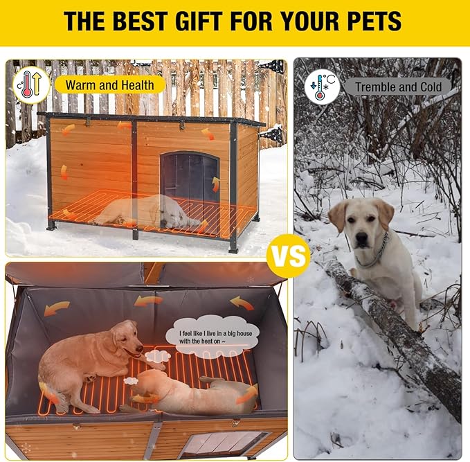 Aivituvin Heated Dog House Outdoor 59" Extra Large Insulated Dog Kennel with Heating Pad Keep Warm in Winter Dog Cage for Small & Medium & Large Dogs,All-Around Strong Iron Frame