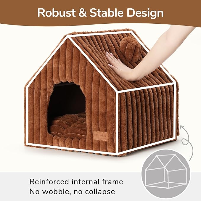 FUKUMARU Cat Houses for Indoor Cats, Washable Cute Cat Bed Cave with Removable Pillow, Large Semi-Enclosed Cozy Dog House Indoor, Soft Faux Rabbit Fur Kitten Bed, 17.5-Inch Durable Cat Hideaway, Brown