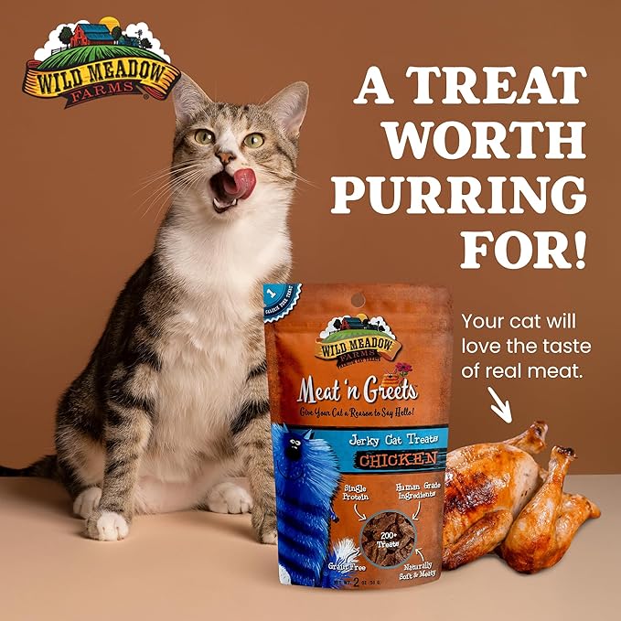 Wild Meadow Farms - Cat Treats - Meat 'N Greets - Soft Jerky Treats with Meat, Perfect for Training & Rewarding, Snacks for Cats - Chicken Flavor