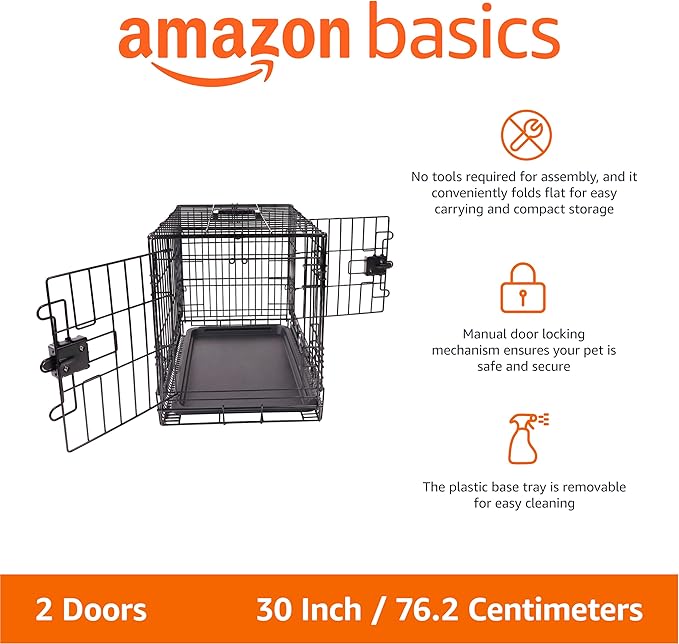 Amazon Basics Durable,Foldable Metal Wire Dog Crate with Tray, Double Door, 30 x 19 x 21 in, Black