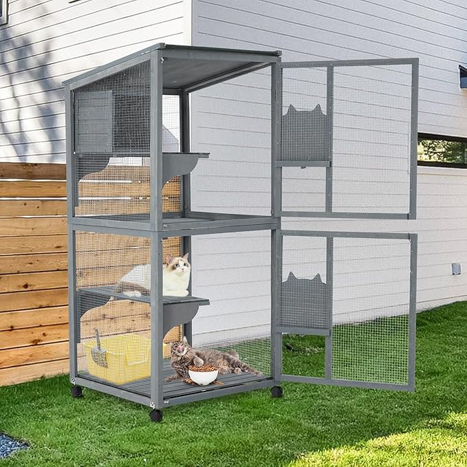 Cat Patio Enclosure, 69" Large Indoor Outdoor Catio Cage with Waterproof Roof, Lockable Wheels, Resting Cabin & Platforms for Multi-Cat Families, Weatherproof Catios