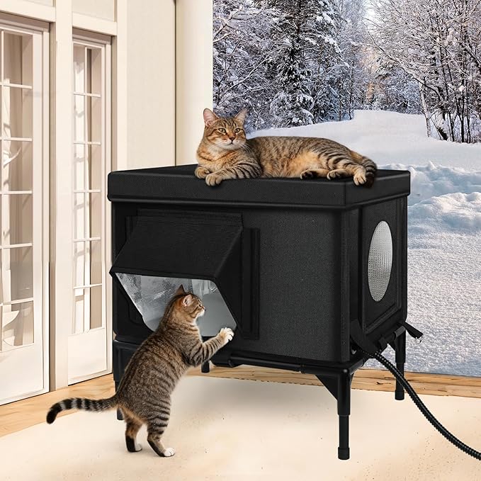 Heated Outdoor Cat House Weatherproof with Heating Pad, Heated Cats House for Outside, Insulated Feral Cat Houses for Outdoor Cats with Safe Escape Door, Elevated Outside Stray Cats Shelter(S)