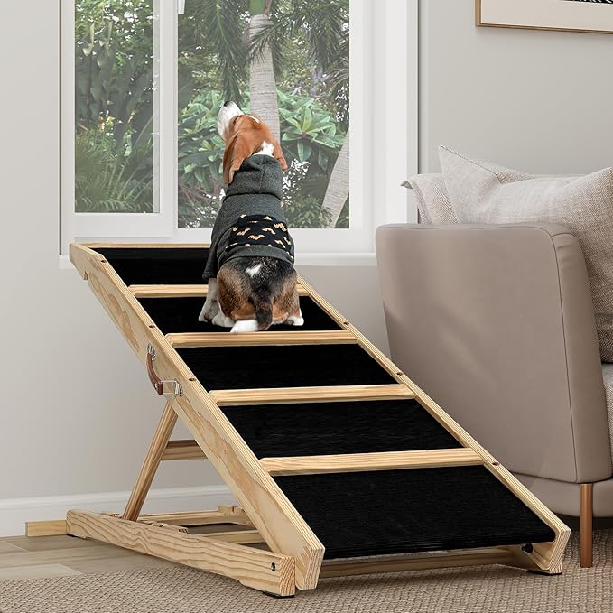 Dog Ramp for Bed PANTAZO Adjustable Ramps for Small Dogs to Get on Bed, Up to 28.5 Inches, 48'' Long,120lbs with Anti-Slip Grip & Safety Rail
