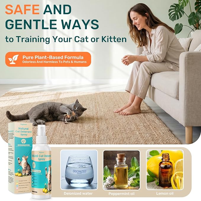 Natural Cat Deterrent Spray Indoor, Cat Repellent Spray for Furniture, Safely Cat Pee Stopper, Anti Furniture Scratching, Stops Urine Marking, Kitten Training Spray for Sofa, Rugs, Chairs, 200ml
