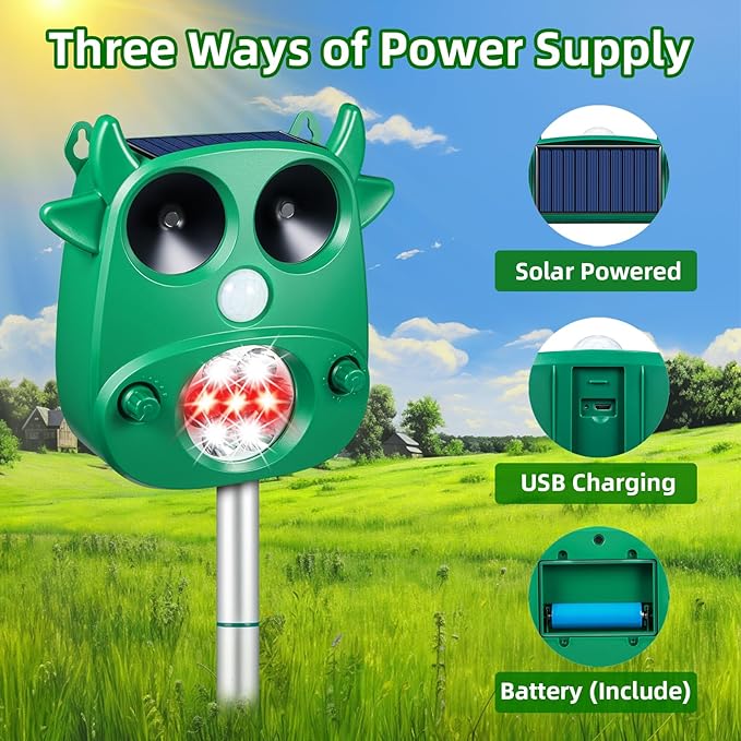 Solar Ultrasonic Animal Repeller Outdoor Deer Repellent with Motion Detection Flashing Lights Cat Repellent Rabbit Raccoon Dog Coyote Skunk Repellent for Yard Garden Deterrent Device Animal Repellent