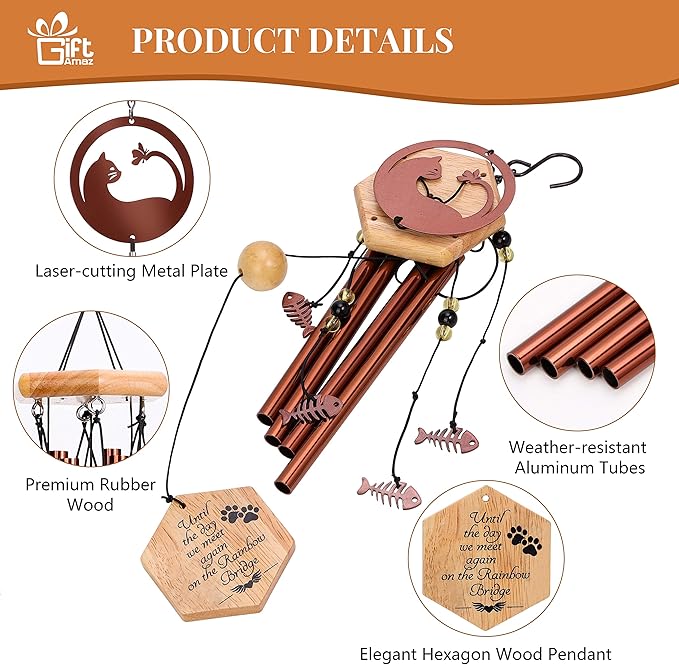 Cat Memorial Wind Chime, 24 Inch Pet Sympathy Wind Chimes for Outdoor Garden Patio Porch Decoration