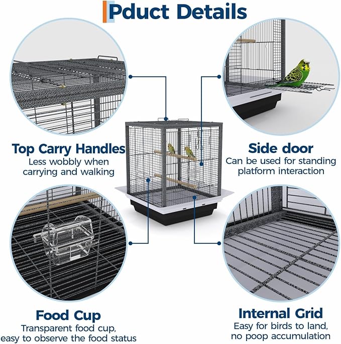 GarveeLife Small Bird Cage, 20 Inch Bird Cage, Parakeet Cage with Tray and Handle for Parrot Cockatiels Budgies Finch Lovebirds Pigeons, Black