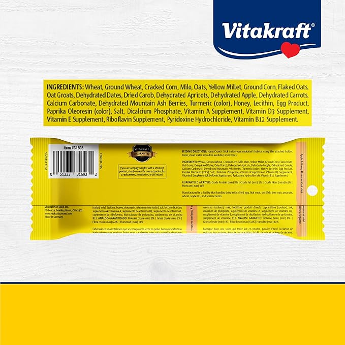 Vitakraft Crunch Sticks Cockatiel Treat Apple and Honey Flavor – 2 Sticks - Triple Baked for Extra Crunch – Natural Wood Chew Center with Cage Clip – Fortified with Vitamins and Minerals