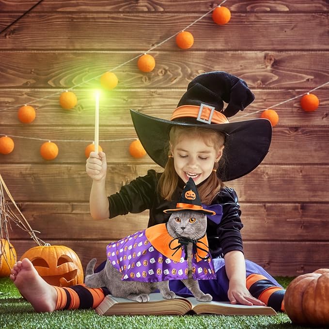 Halloween Pet Costumes Cat Wizard Costume Dog Funny Wizard Clothes Cat Bat Wings Wizard Hat Cute Pumpkin Cloak Outfits for Kittens Puppies