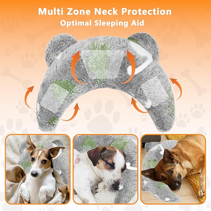Pet Calming Pillow for Dogs, Soft U-Shaped Pillow Glow in The Dark, Joint Relief, Sleep Comfortably,Suit for Small, Medium, Large Dogs, Fluffy Pet Neck Pillow (M-Yellow Gray)
