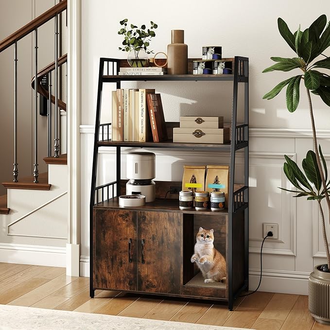 PETSITE Cat Litter Box Enclosure with Storage Shelves, 52 Inches Tall Hidden Litter Box with Charging Station, Scratching Board, and Winding Entry (Rustic Brown)