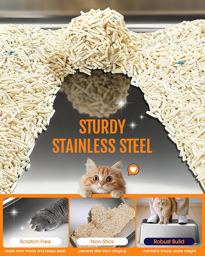 Cat Litter Box - Stainless Steel Litter Box with Scatter-Proof Elevated Step Board for Kitty Use, Robust & Non-Sticky Metal Cat Box with Scoop, Grey