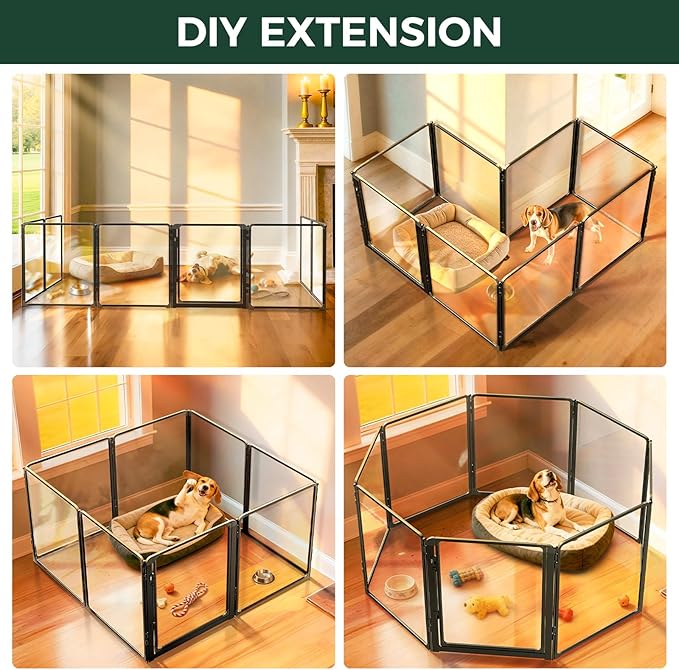 FXW AuraSpace Pro Metal & Acrylic Indoor Dog Playpen, All-Acrylic Clear Heavy-Duty Design, 32" Height 8 Panels for Small and Medium Dogs, Black│Patented