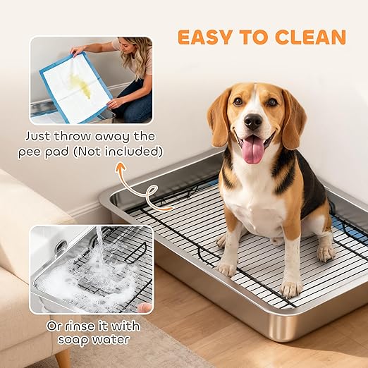 PawHut Dog Potty Tray Stainless Steel, Puppy Training Tray for Small and Medium Breeds, Indoor Dog Pee Pad Holder with Elevated Grid, Easy to Clean, for Porch, Bathroom, Balcony, 28" x 20" x 4"