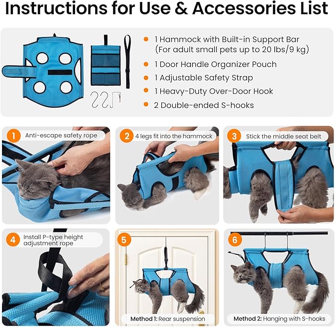 Pet Grooming Hammock for 5-11 lbs Pets, Door-Hook Hanging with Adjustable Height & Full Straps, Machine Washable with 1 Tool Bag Included Blue