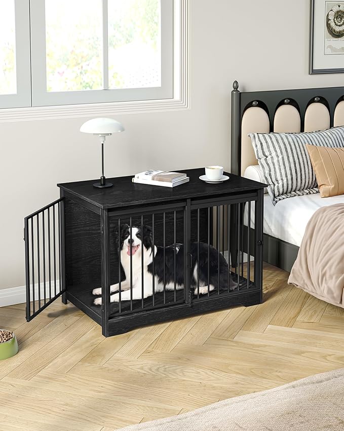 39.3" Dog Crate Furniture with Barn Door, Heavy Duty Dog Kennel Indoor with 2 Doors, Wooden Pet Cage End Table for Large Small Medium Dogs, Anti-Chew Anti-Escape, Black DFC02304B