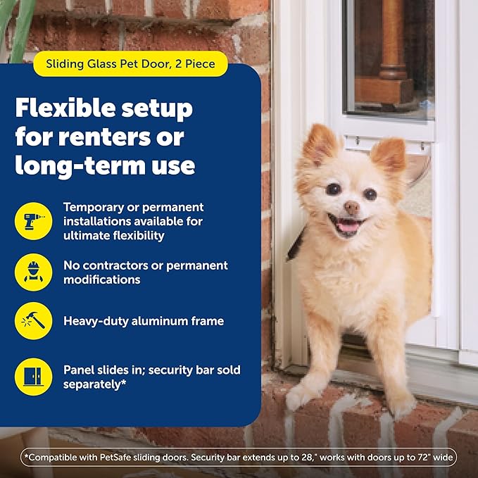 PetSafe 2-Piece Sliding Glass Pet Door - No-Cut DIY Install Doggy Door for Renters - Aluminum Frame - Adjustable Height 75 7/8" to 81" - Ideal for Small Dogs Up to 15 lbs