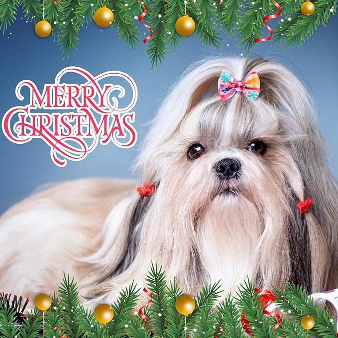 Tondiamo 100 Pieces Pink Valentine Dog Hair Bows with Rubber Bands Red Purple Rhinestone Puppy Grooming Topknot Bow Candy Tree Santa Reindeer Pet Hair Accessories for Small Girl