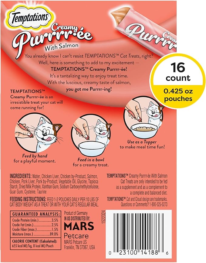 Temptations Creamy Puree Squeezable Lickable Cat Treats, Wet Cat Treats with Salmon, 0.42 oz. Tubes, 16 Count