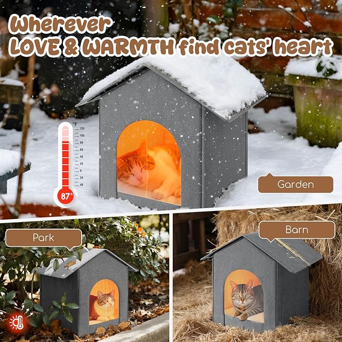 Insulated Outdoor Cat House Weatherproof, Winter Cat Dog Houses for Outdoor Cats with Heated-Foil, Waterproof Feral Stray Cat Shelter with Door Curtain and Warm Mat, Easy to Assemble, Grey