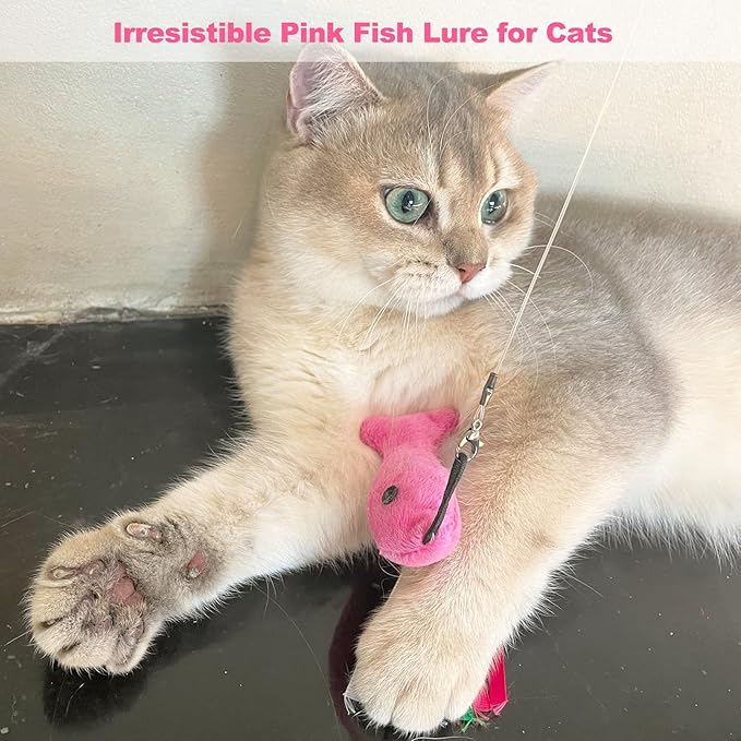 Cat Toys Catnip, 5PCS Floppy Fish Cat Toy Filled Soft Plush, Pink Flopping Fish Chew Kitten Toys, Catnip Wand Toy Attachment with Ribbons, Interactive Cat Toys for Indoor Cats Kitten Play Chew