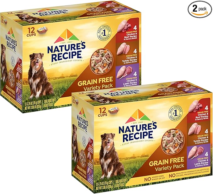 Nature's Recipe Grain Free Wet Dog Food Variety Pack, Chicken Recipes with Beef, Turkey & Lamb in Savory Broth, 2.75 oz. Cups (Pack of 12), 2 Count