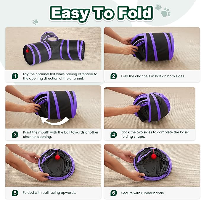 Love’s Cabin Cat Tunnel for Indoor Cats, 3-Way Collapsible Play Tunnel with Teaser Wand, Peek Holes & Toy Ball, Small Pet Toy for Kittens & Rabbits, Black & Purple, Small Size
