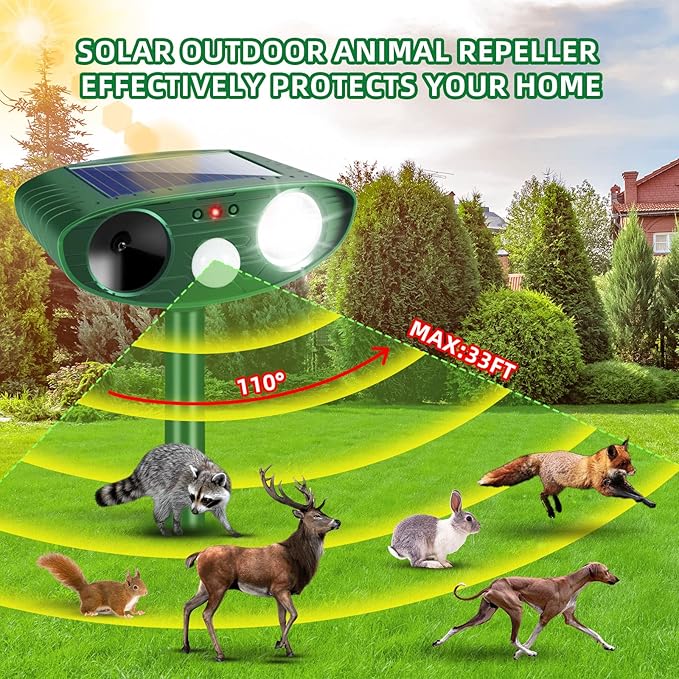 Upgraded Solar Animal Repellent Ultrasonic Animal Repeller Outdoor Deer Repellent Devices Waterproof with Motion Detection Cat Deterrent Dog Rabbit Raccoon Squirrel Skunk Repellent for Yard Garden