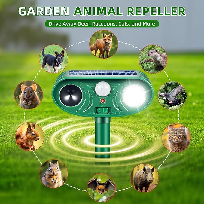 2026 Solar Ultrasonic Racoon Fortress Pro, Deer Cat Repellent Devices Animal Repeller Squirrel Rabbit Deterrent Outdoor with Motion Sensor&Flash Light to Scare Dog Out of Garden Yard(4Pack)