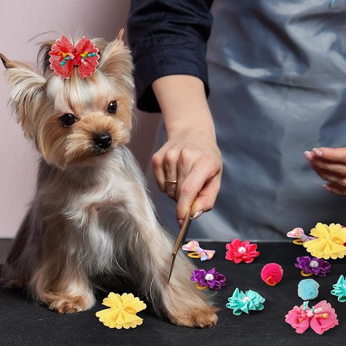 100 Pcs Assorted Dog Hair Bows for Small Size Dog Pet Bows with Rubber Band Bulk for Puppy Yorkie Hair Accessories