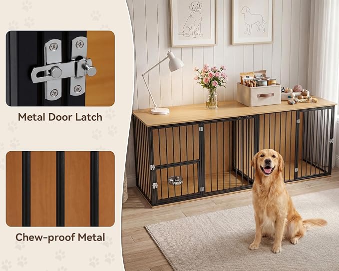 80.7" Double Dog Crate Furniture, Large Breed Dog Crate TV Stand with Swivel Bowls, Heavy Duty Wooden Double Dog Kennel with Removable Divider for 2 Medium Dogs (Black)