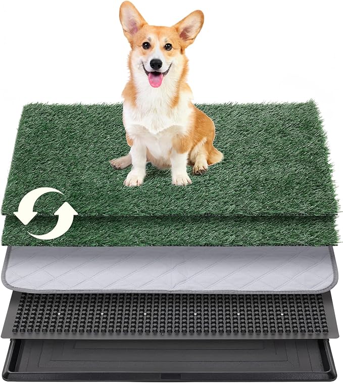 Dog Grass Pad with Tray, 25"x20" Grass Pad for Dogs Potty with 2pcs Artificial Grass, Indoor Dog Litter Box for Balcony Apartment, Realistic, Washable, Less Odor