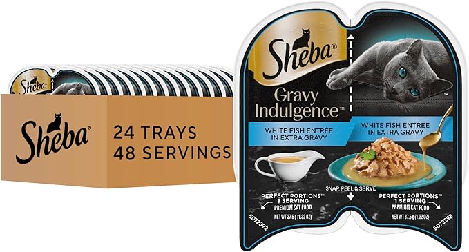 Sheba Gravy Indulgence Adult Wet Cat Food, Wet Food for Cats White Fish Entree in Extra Gravy, 2.6 oz. Twin-Pack Trays (24 Count, 48 Servings)