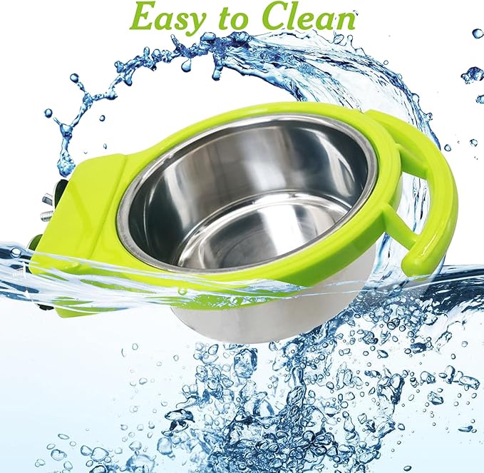 BNOSDM 2 PCS Stainless Steel Bird Bowls Bird Feeding Dish Water Cups Perch Stand Hanging Parakeet Food Container Food and Water Bowls with Spoon for Budgie Cockatoo Finch Lovebirds (Green)