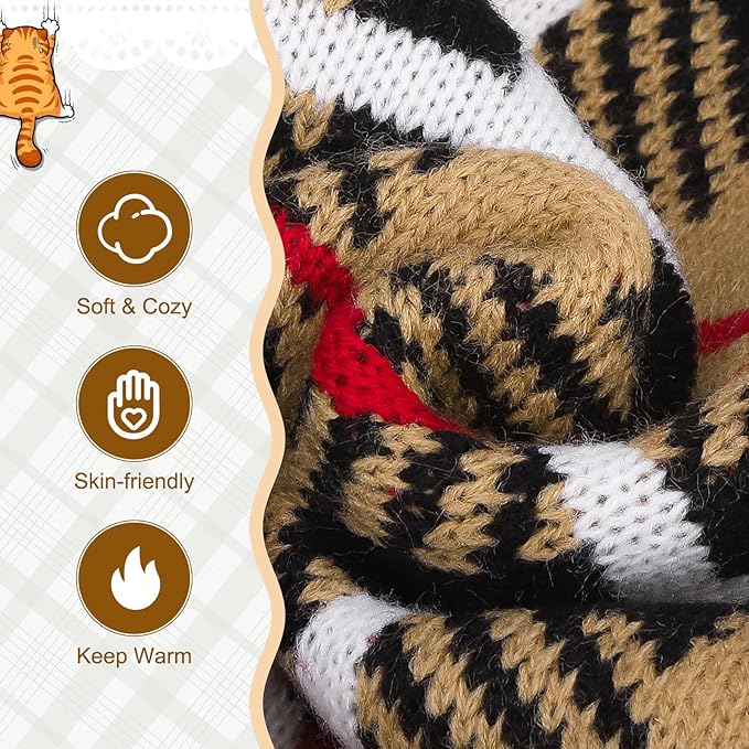 EXPAWLORER Cat Sweater Cardigan - Stylish Knit Cat Clothes, Plaid British Style Soft Puppy Sweater with Sleeve, Warm Pet Clothing Knitwear, Fall Winter Kitten Coat for Girl Boy Cats, Beige L