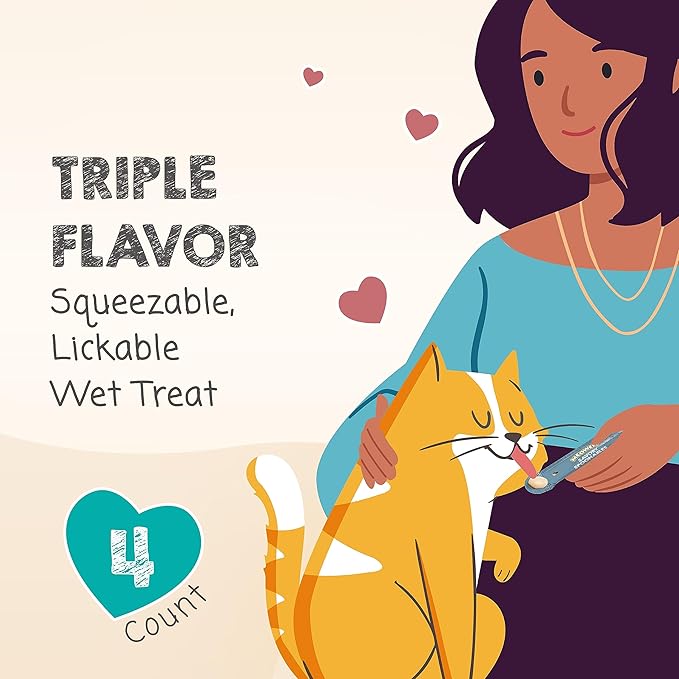Savory Spoonables with Real Tuna, Chicken & Duck, 4 Count Tube, Triple Flavor Squeezable Lickable Wet Treats for Cats with Built-in Spoon for Less Mess (Pack of 2)