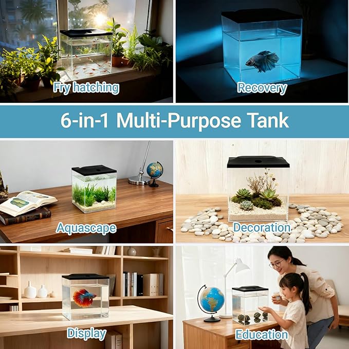 0.8-Gallon Cube Fish Bowl, Shatterproof Plastic Fish Bowl with LED Lighting, Temporary Fish Tank for Isolation, Decoration & Education