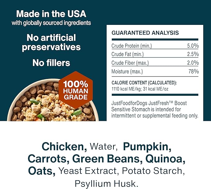 JustFoodForDogs JustFresh Boosts Sensitive Stomach Dog Food Topper with Fiber for Gut Support from Pumpkin, Oats, Psyllium, 8 oz Pouches - 8 Pack