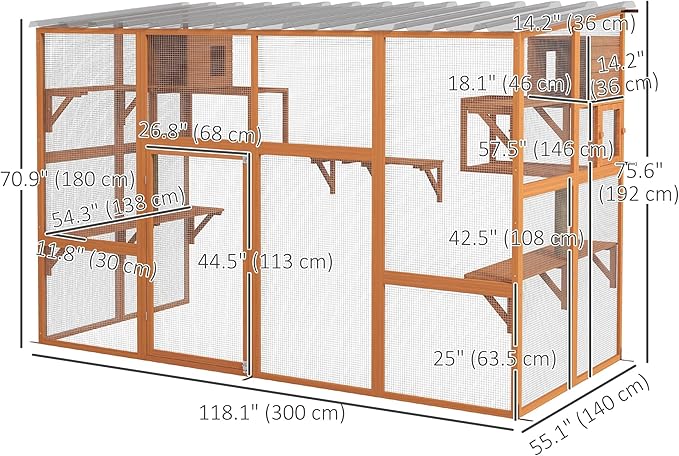 PawHut Catio, Outdoor Cat Enclosure Window Box, Wooden Cat House Playground with Scratching Posts, Weather Protection Roof for 1-5 Kitties, Resting Boxes, 118" x 55" x 75.5", Orange