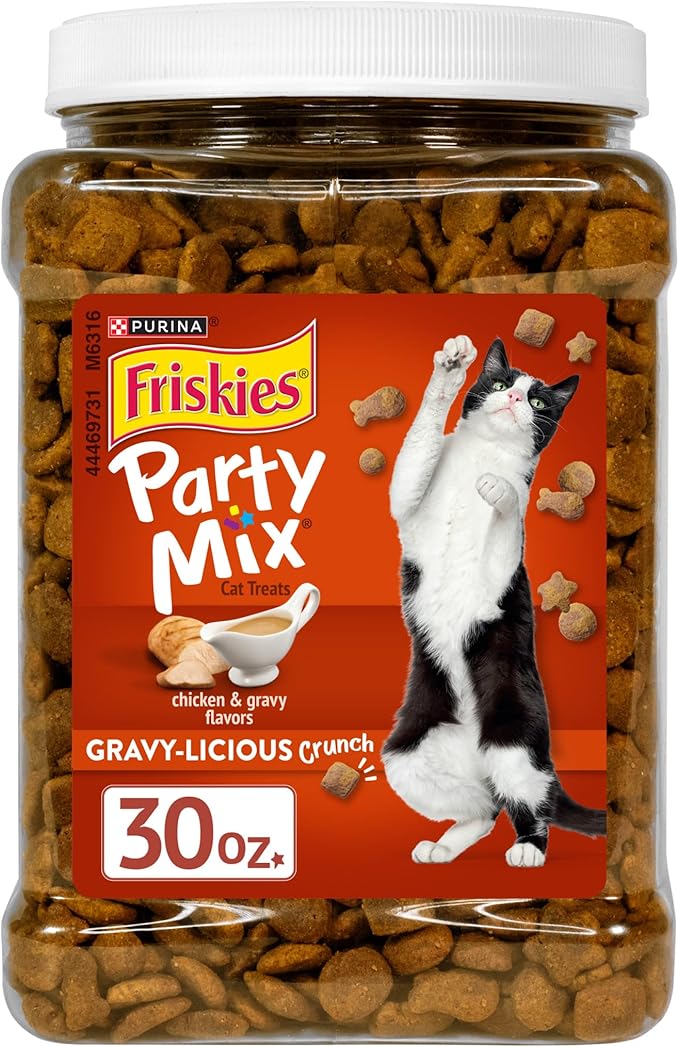 Purina Friskies Party Mix Gravy-Licious Crunch Chicken and Gravy Flavors Cat Treats - 30 oz Canister
