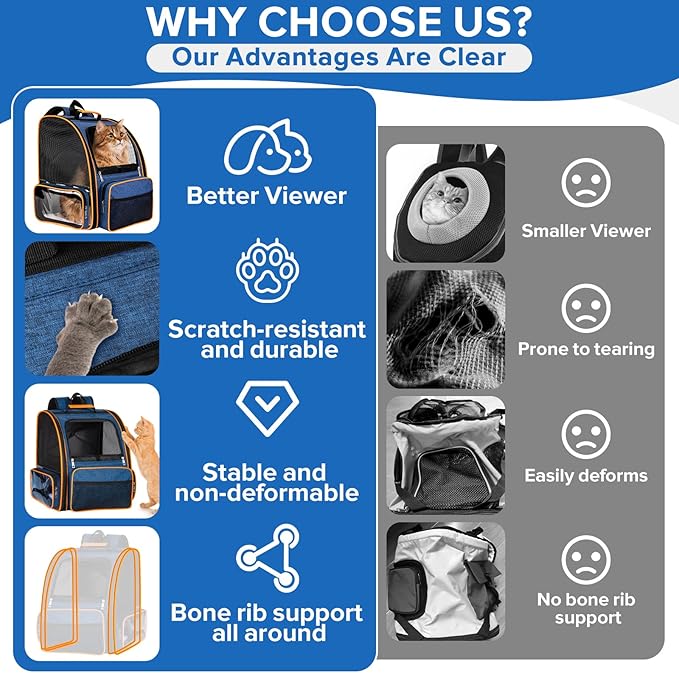 Discala Cat Backpack Carrier for Medium Small Dog Cat up to 20lbs, Pet Carrier Backpack, Ventilated Mesh Soft Sided Dog Backpack Carrier for Travel, Hiking, Outdoor Use - Blue