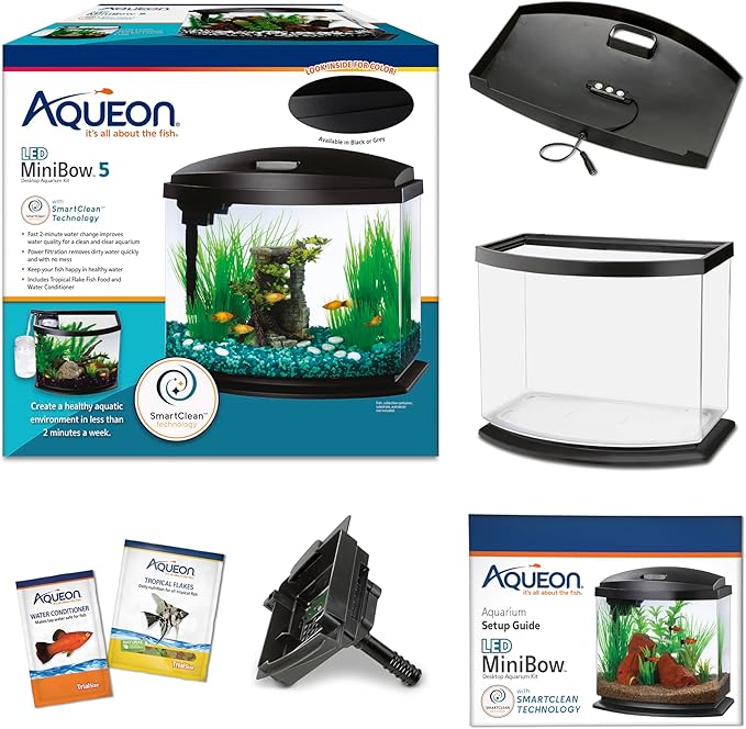 Aqueon LED MiniBow Small Aquarium Fish Tank Kit with SmartClean Technology, Black, 5 Gallon