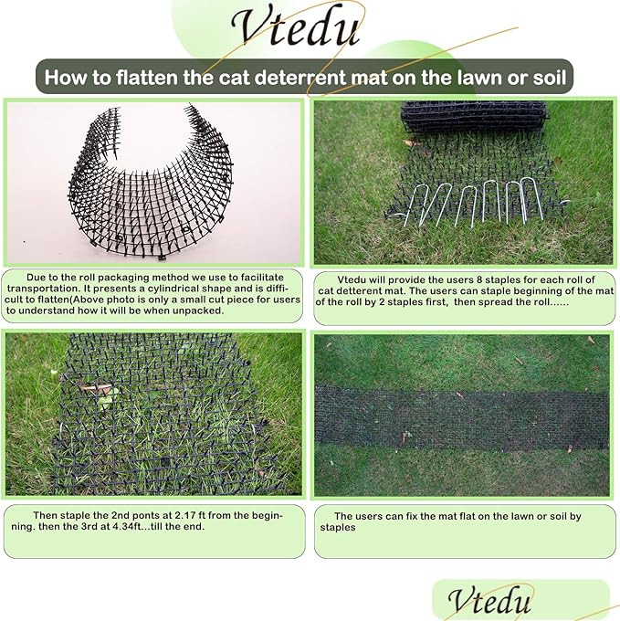 Cat Deterrent Mat(6.5ft), Cat Repellent Mat, Cat Scat Mat,Cat Spikes with 8 Staples, Scat Mats for Pets(Cats, Dogs...) for Garden