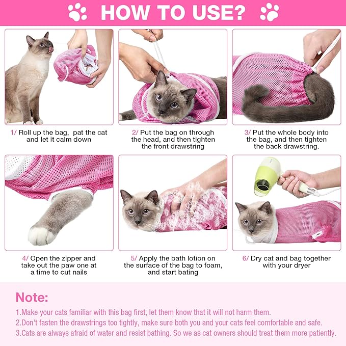 Cat Shower Net Bag Grooming Bathing Adjustable Washing Bag Multifunctional Cat Restraint Accessories Prevent Biting Scratching, Nail Trimming, Ears Clean, Keeping Calm(Pink)