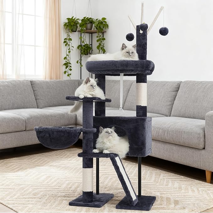 Cat Tree for Indoor Cats, Cat Tower with Scratching Post for Small Cats and Kittens, Cat House with Removable Top Platform and Fluffy Balls, Hanging Cat Basket, Smoky Gray GCT006SG