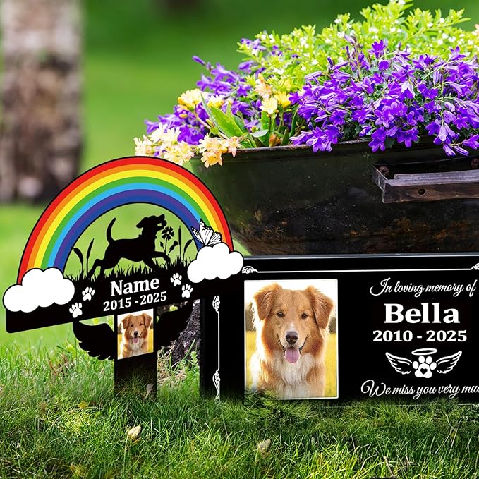 Pet Grave Markers Dog,Metal Pet Headstone for Lost Dog Sympathy Gift,Waterproof Dog Grave Markers for Garden or Indoor,Dog Tombstone Garden Memorial Graves (Rainbow Bridge Dog(Colorful))
