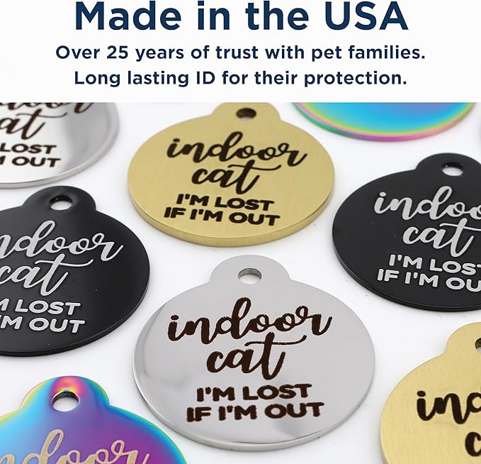 GoTags Personalized Small Indoor Cat Tag - Engraved with 4 Lines of Custom ID - Stainless Steel Round Pet ID Tag