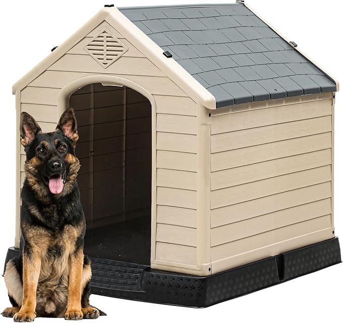 DWVO Plastic Dog House, Weatherproof Outdoor/Indoor Doghouse, Puppy Kennel with Air Vents and Elevated Floor